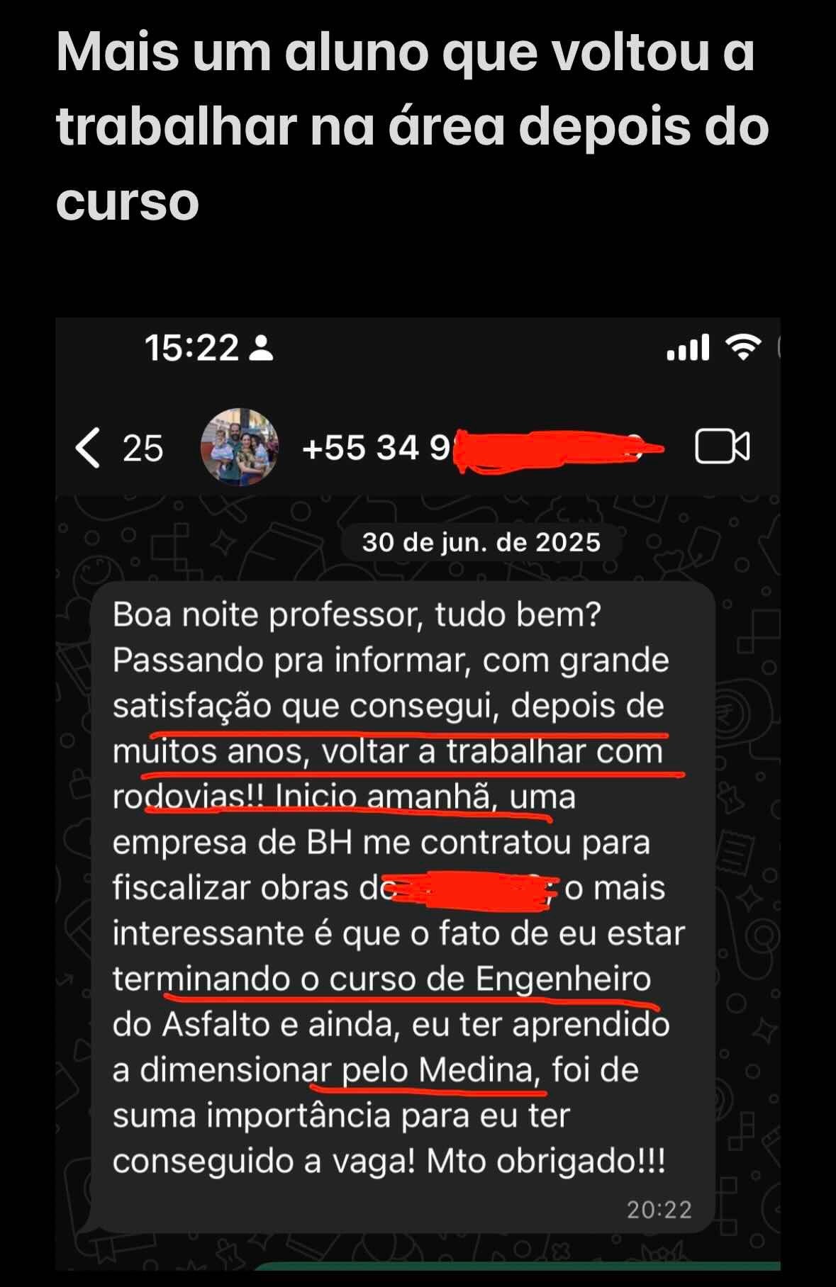 Mensagem de aluno contando que voltou a trabalhar com rodovias depois de concluir o curso