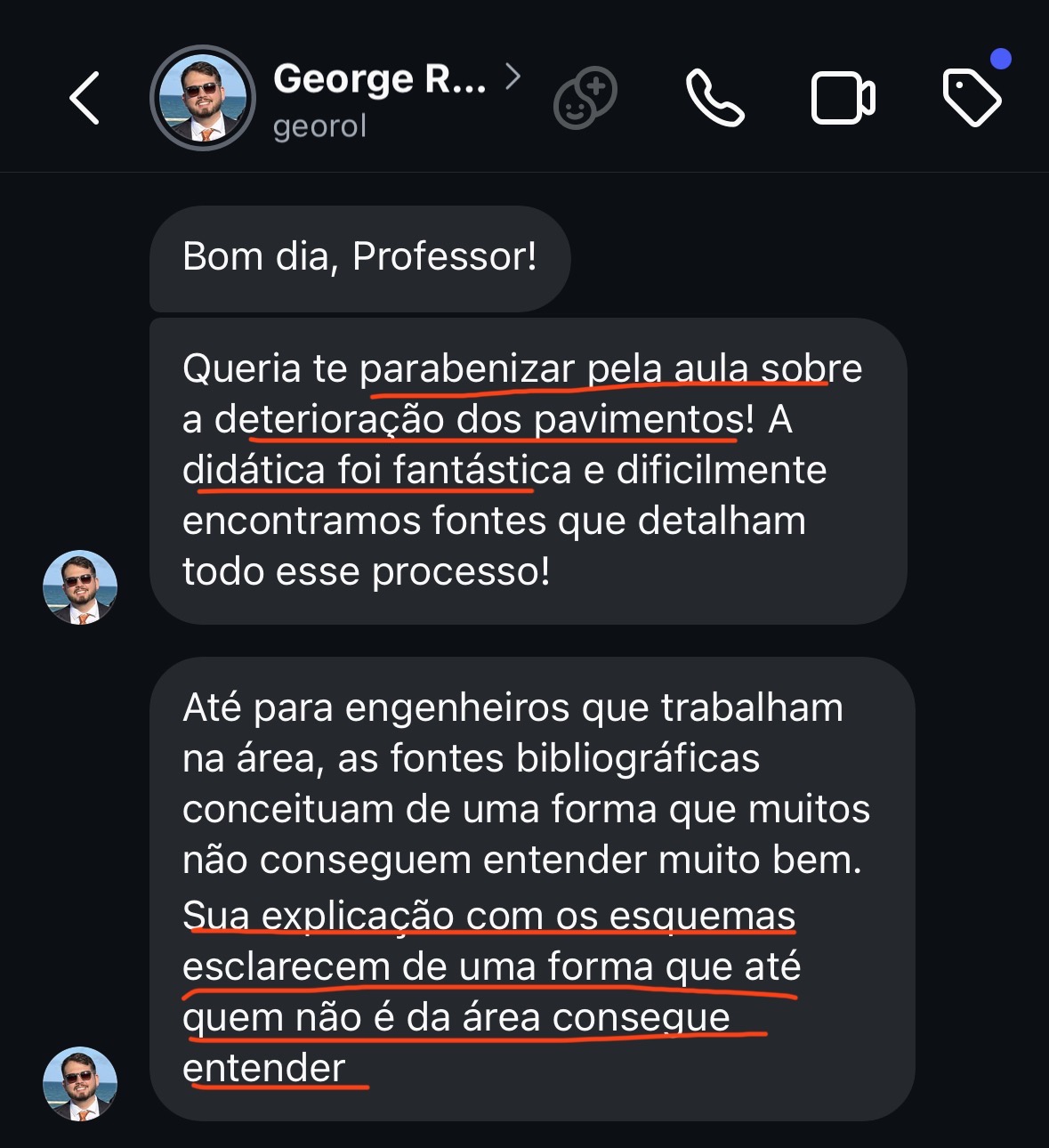 Mensagem de aluno elogiando a didática de uma aula sobre deterioração dos pavimentos