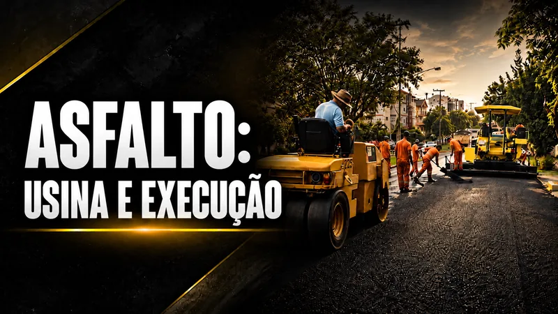 Equipe e equipamentos durante a execução de pavimentação asfáltica